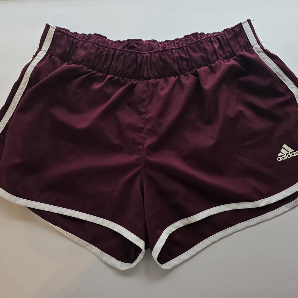 Adidas Burgundy and White Athletic Shorts with Elastic Waistband